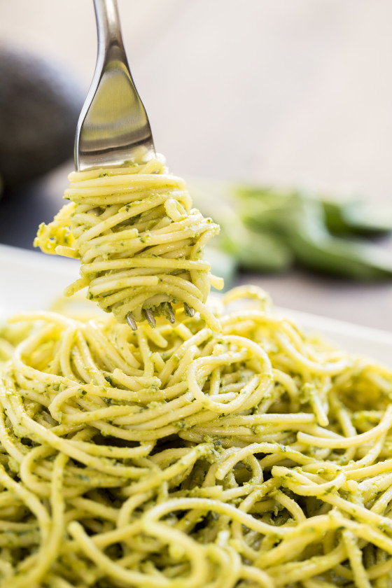 Creamy Avocado Basil Sauced Spaghetti | LaughterandLemonade.com