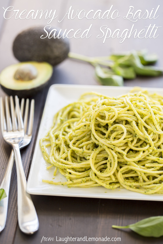 Creamy Avocado Basil Sauced Spaghetti | LaughterandLemonade.com