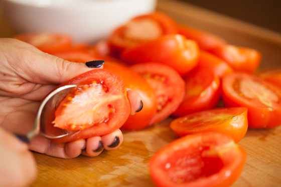 Roma Tomatoes, cores and seeds removed