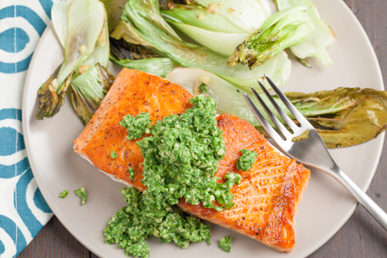 Arugula Lime Pesto with Walnuts & Jalapeño over Salmon