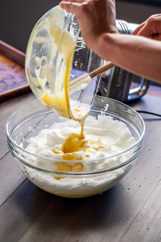 Pour yolk mixture into whites