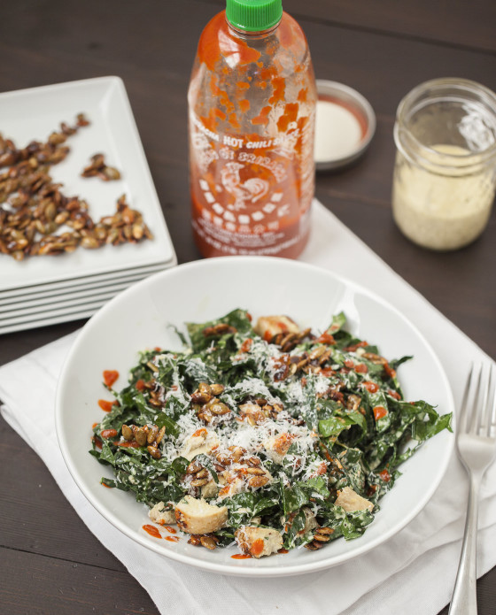 Spicy Kale Caesar with Chicken and Candied Pepitas