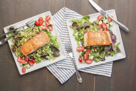 Intern Quinoa Salad with Pan Seared Salmon and Balsamic Greens | LaughterandLemonade.com