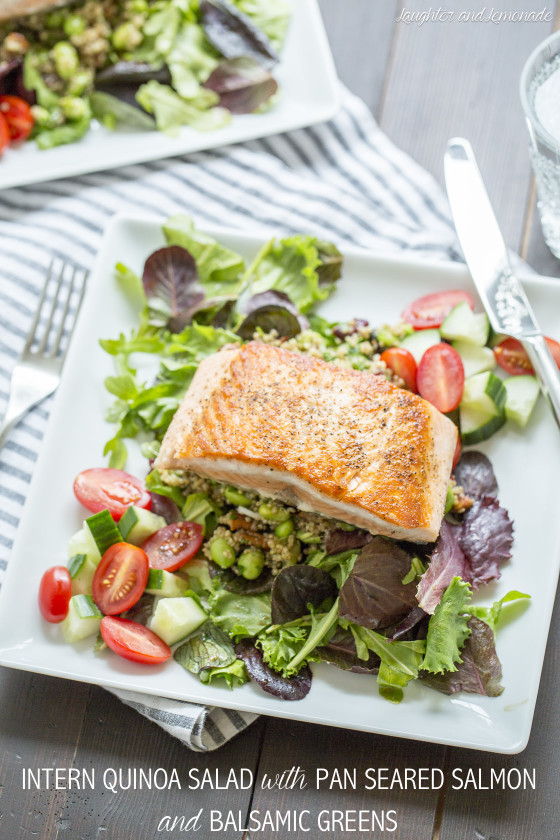Intern Quinoa Salad with Pan Seared Salmon and Balsamic Greens | LaughterandLemonade.com
