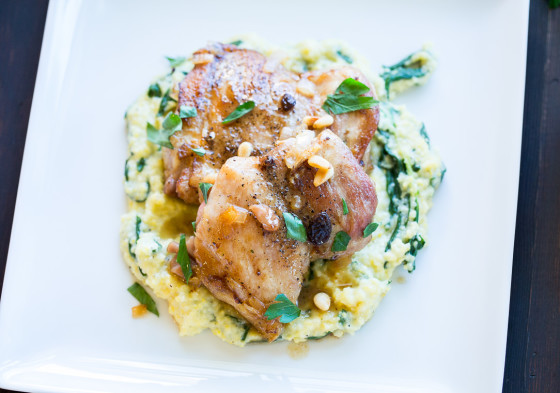 White Wine Chicken Thighs with Creamy Polenta | LaughterandLemonade.com